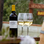 a bottle of wine and two glasses of white wine perched on a table, background is outside